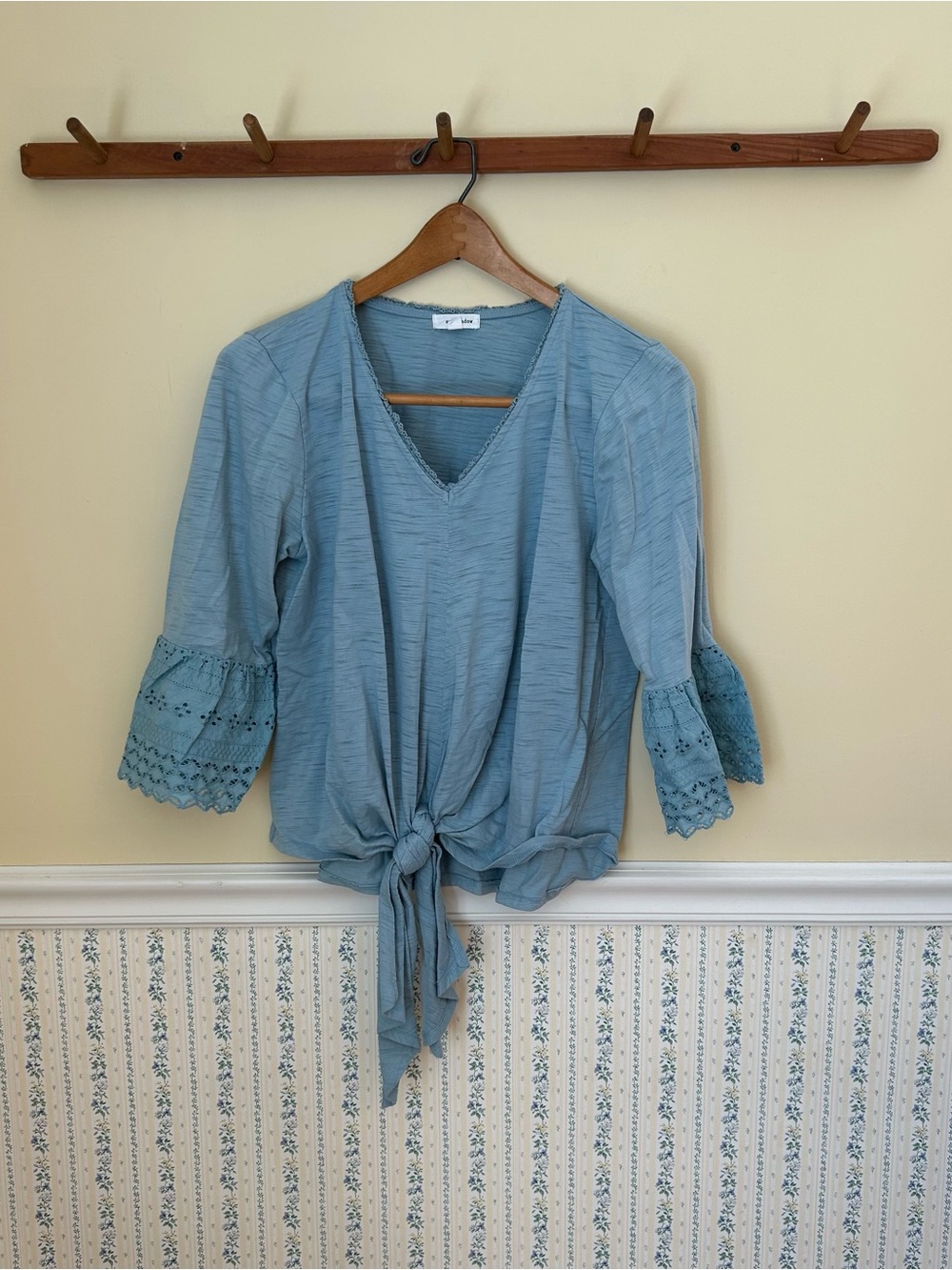Eyeshadow Crochet Flare Sleeve Front Tie Blouse